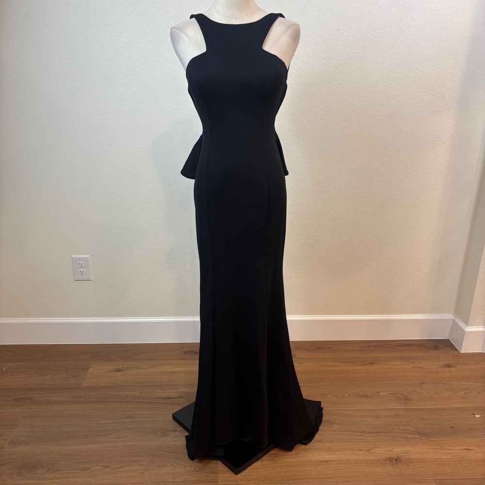 XSCAPE Gown Women 4 Black Open Back Ruffle Peplum Cutout Maxi Train minimalist - Picture 2 of 11